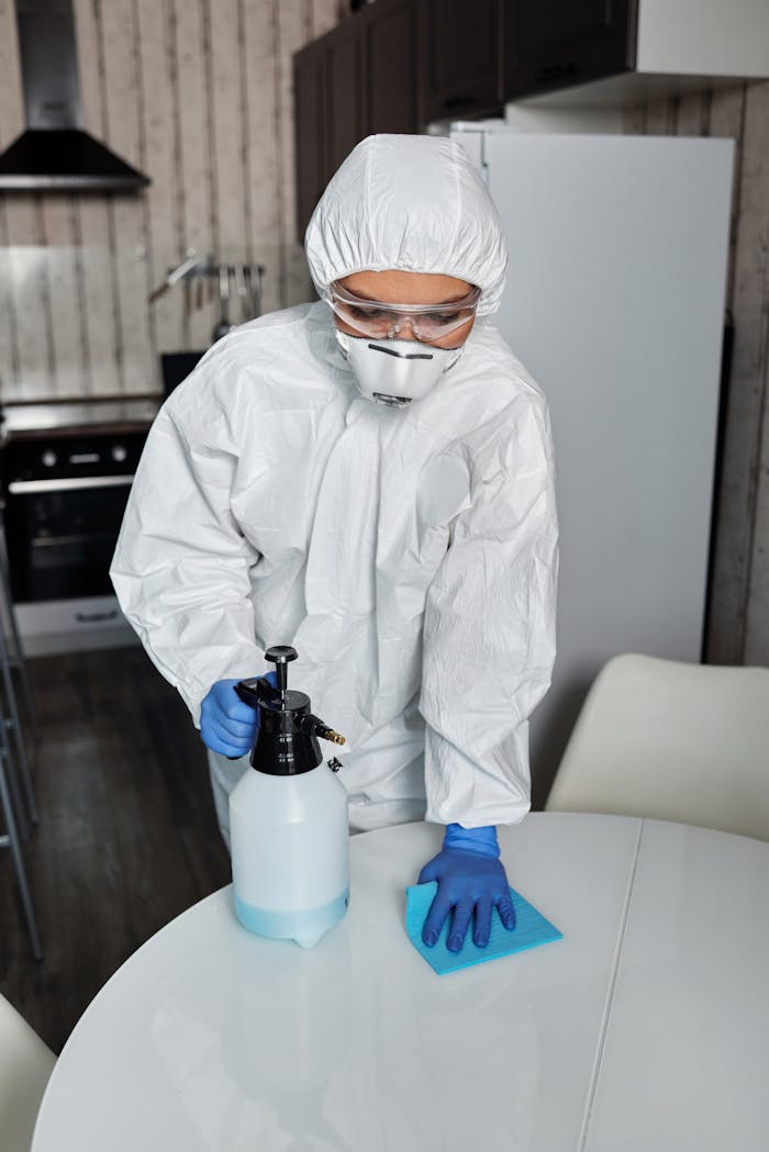 services-03 A person in full PPE disinfecting a table indoors for hygiene and safety.