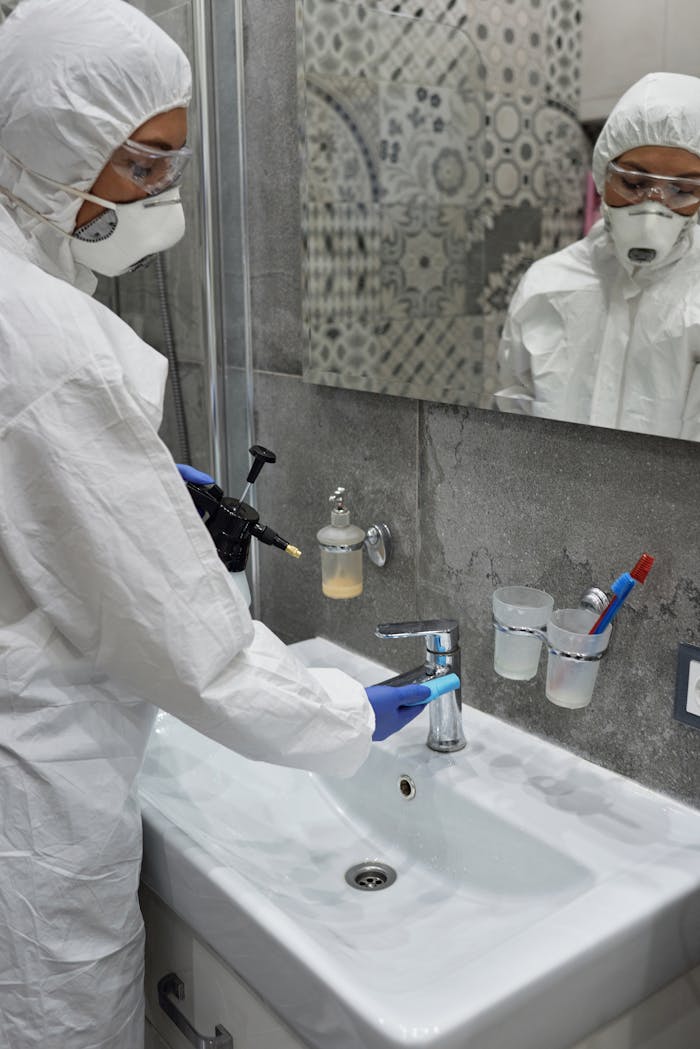 Person in protective gear disinfecting bathroom sink with spray bottle.